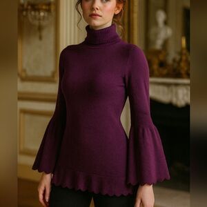 Isaac Mizrahi Women's S Scalloped Bell Sleeve Turtleneck Sweater Purple Pullover
